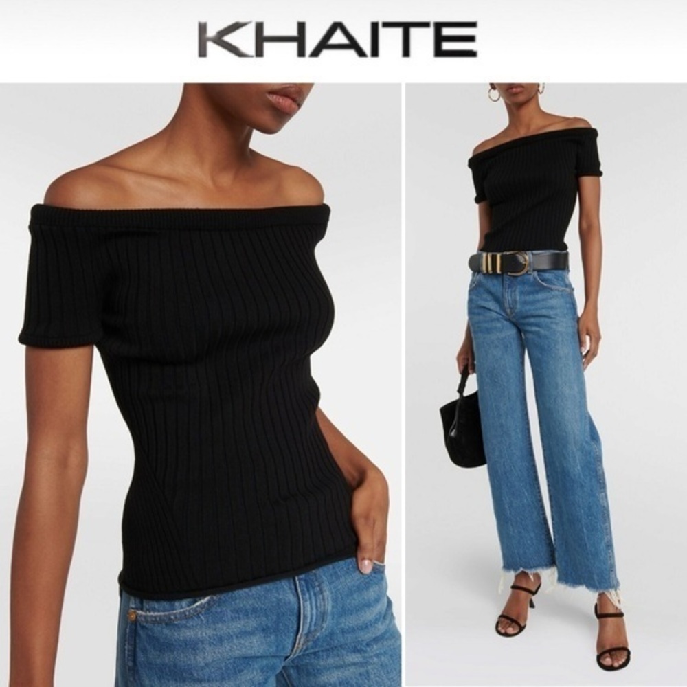 KHAITE The Ricki Off-The-Shoulder Wool-Blend Top in Black sz S 1480$